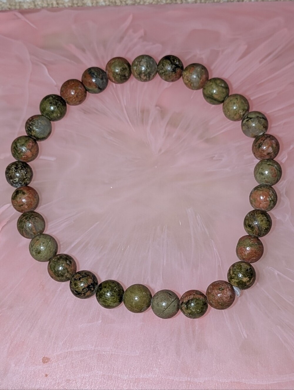 Natural Unakite Gemstone Beaded Stretch Bracelet - Picture 2 of 3